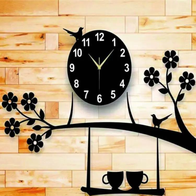 Hanging Cup With Tree Branch Wooden Wall Clock