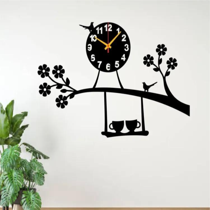 Hanging Cup With Tree Branch Wooden Wall Clock